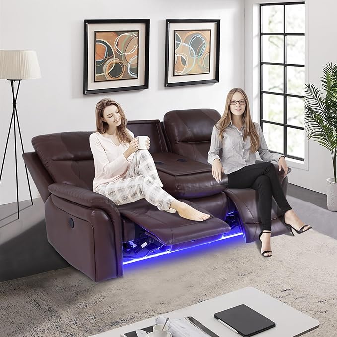 PU Leather Power Wall Hugger Chair Double Reclining Sectional Sofa 3-Seater Loveseat Couch with Reversible Coffee Table, Wireless Chargers, USB Port and Ambient LED Light for Living Room RV Theater