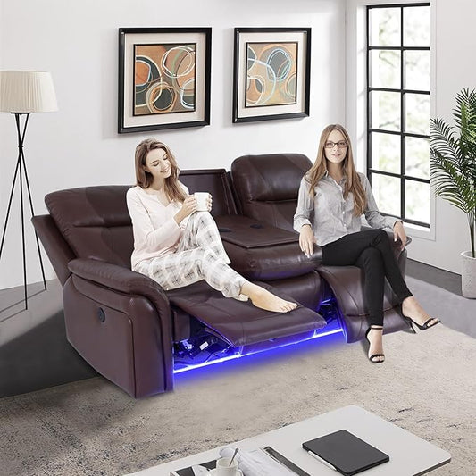 PU Leather Power Wall Hugger Chair Double Reclining Sectional Sofa 3-Seater Loveseat Couch with Reversible Coffee Table, Wireless Chargers, USB Port and Ambient LED Light for Living Room RV Theater