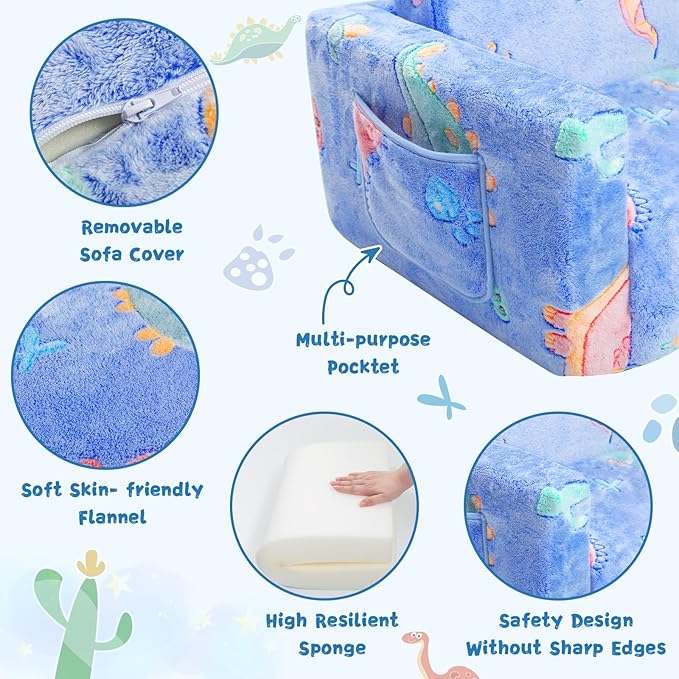 Toddler Chair Comfy,2-in-1 Soft Toddler Couch Fold Out for Kids,Convertible Sofa to Lounger,Gift for Girls and Boys Birthday,Dinosaurs,Large