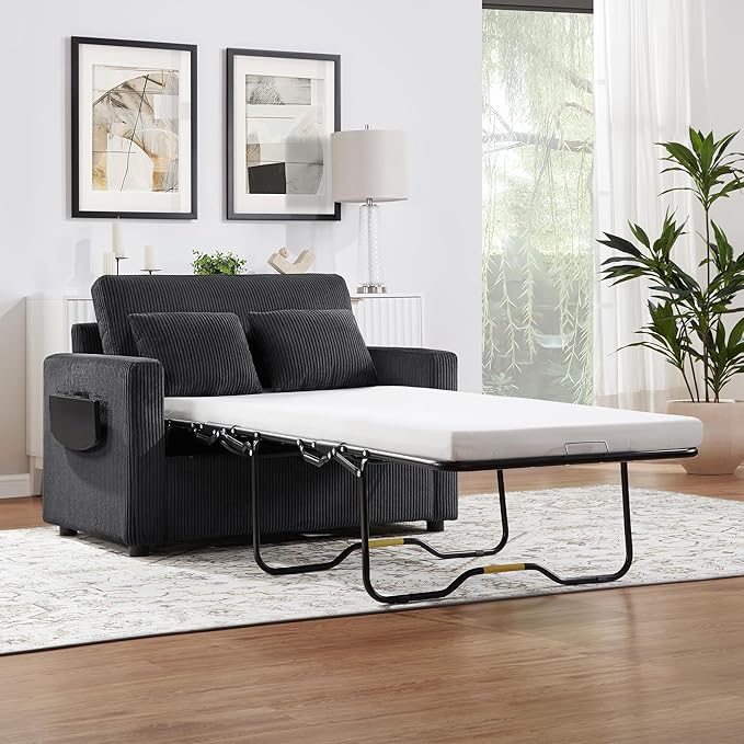 Twin Size Sofa Bed 47.2" Sleeper Sofa Loveseat Sofa with a Foldable Mattress, a Foldable Side Table, a Side Storage Pocket and Two USB Ports for Living Room, Black
