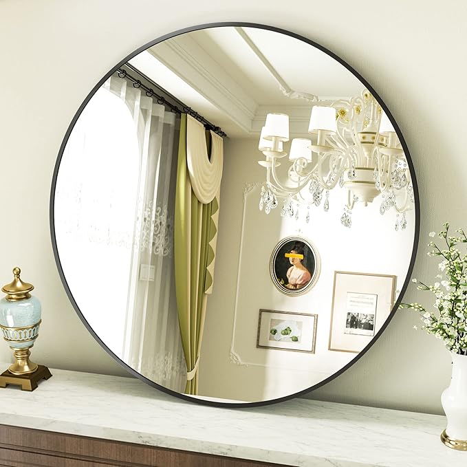 Round Mirror 23.6" Black Wall Mounted Circle Mirrors Vanity Mirror with Aluminum Alloy Frame Modern Decoration for Bathroom, Living Room, Vanity, Bedroom, Entryway
