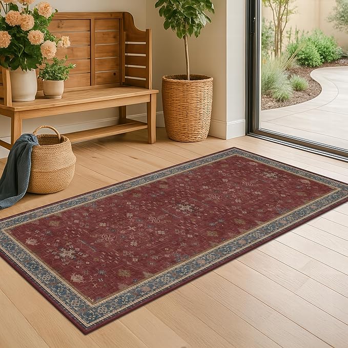 Burgundy 2x4 Washable Entry Rug for Inside House, Kitchen Floor, Thin Door Mats for Inside Entry, Washable Non Slip Low Pile Stain & Fade Resistant, Modern Eclectic Floral Decor