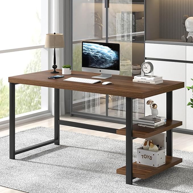 FOLUBAN 47 Inch Computer Desk, Small Home Office Desk with Storage Shelves, Industrial Writing Study Gaming Table Workstation for Living Room Bedroom, Rustic Walnut