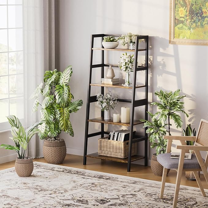 HITNET Ladder Shelf, 4 Tier Bookshelf with Bamboo Frame, Freestanding Bathroom Storage Shelving Unit for Living Room, Home Office, Bedroom, Rustic Brown and Black