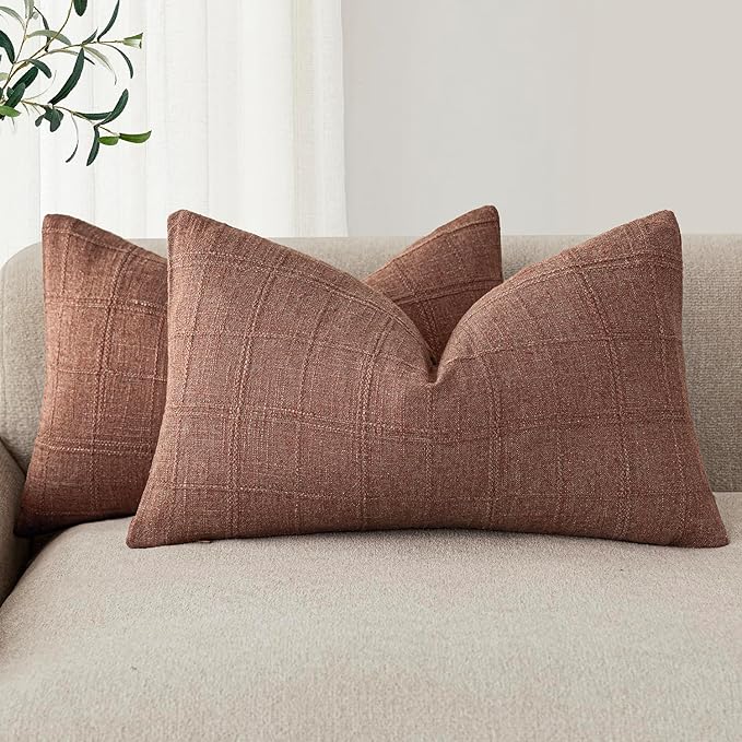 Foindtower Set of 2 Decorative Linen Check Throw Pillow Covers Neutral Farmhouse Lumbar Cushion Covers Modern Boho Home Decor for Sofa Chair Couch Bedroom Living Room Outdoor,12×20 Inch,Autumnal Red