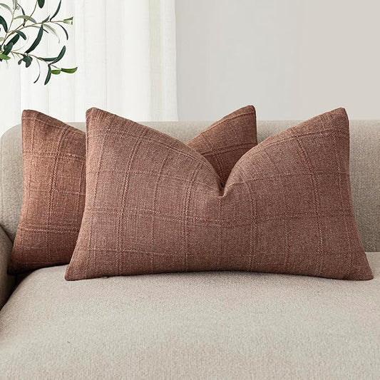 Foindtower Set of 2 Decorative Linen Check Throw Pillow Covers Neutral Farmhouse Lumbar Cushion Covers Modern Boho Home Decor for Sofa Chair Couch Bedroom Living Room Outdoor,12×20 Inch,Autumnal Red