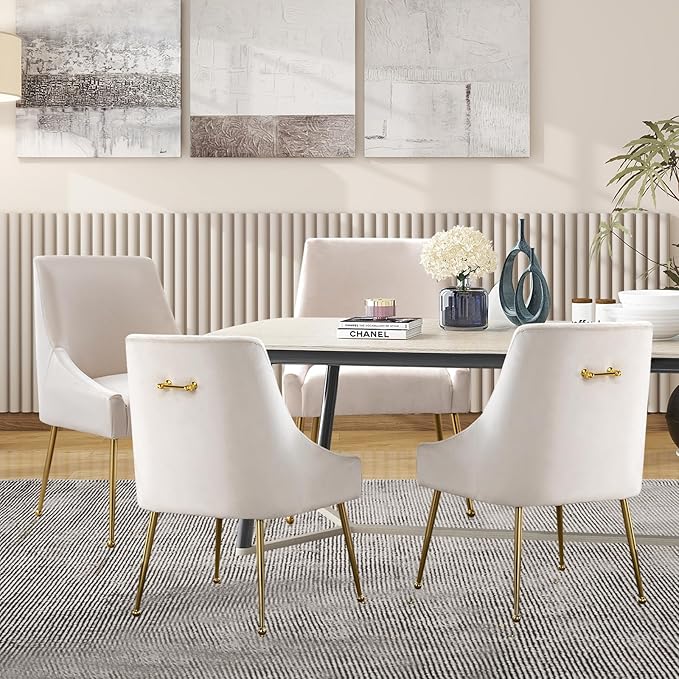 Velvet Dining Chairs Set of 2, Upholstered Dining Chairs with Polished Gold Metal Legs,Farmhouse Kitchen Side Chairs, Vanity Chairs, Accent Chair for Kitchen,Restaurant/Cafe(Beige)