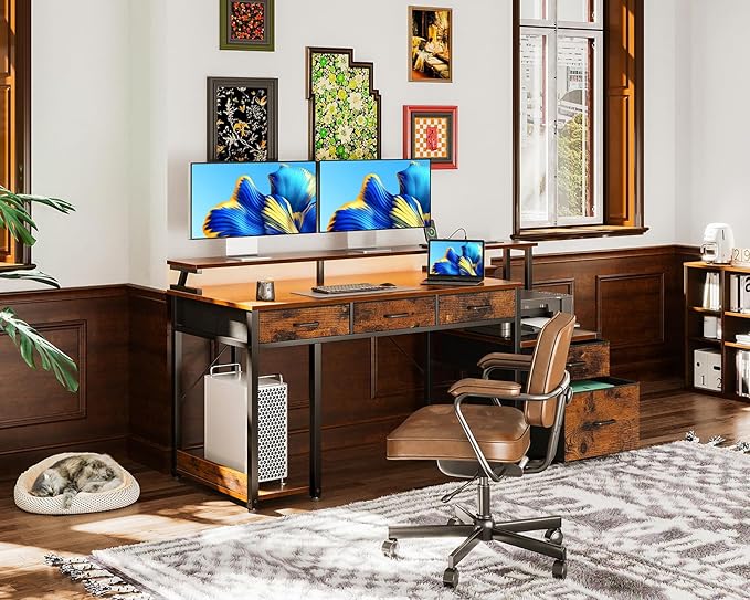 AODK 55 Inch Computer Desk with 3 Drawers and File Cabinet for Storage, Office Desk with Monitor Stand and LED Lights, Home Office Desks, Vintage