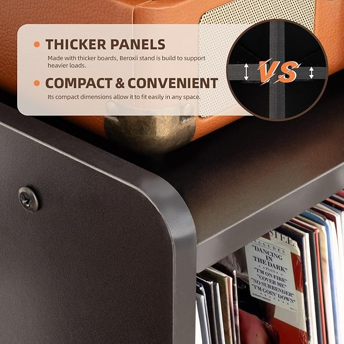 Record Player Table, Mid-Century Record Player Stand with Vinyl Storage Hold Up to 150+ Albums, Vinyl Record Cabinet with Adjustable Shelves, Wood Turntable Stand for Music Living Room (Black)