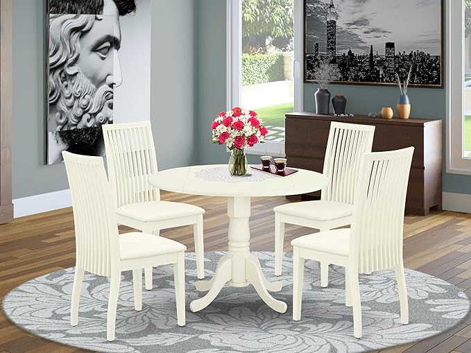East West Furniture DLIP5-WHI-C 5 Piece Kitchen Table & Chairs Set Includes a Round Dining Table with Dropleaf and 4 Linen Fabric Dining Room Chairs, 42x42 Inch, Linen White