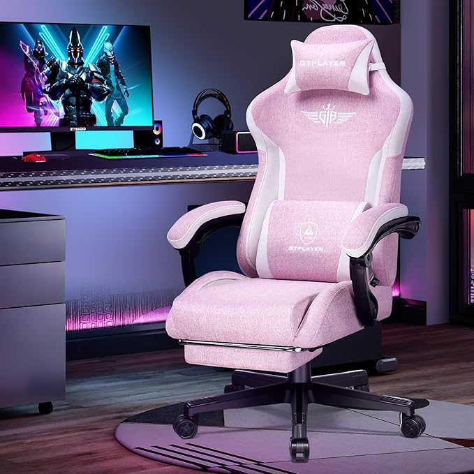 GTPLAYER Gaming Chair with Footrest, Big and Tall Game Chair High Back Computer Office Chair with Lumbar Support for Adults, Ergonomic Swivel Games Chair with Cushion Gaming Black Linen Fabric Pink