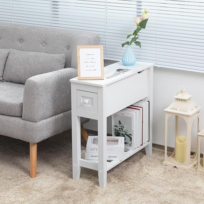 White End Table with Movable Top and Charging Station, Narrow Side Table with Storage Cabinet and USB, Sofa Table for Living Room Bedroom,White Side Table with Charger