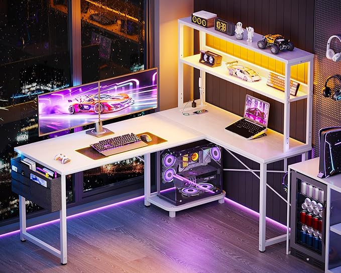 ODK 53 Inch L Shaped Desk with LED Lighting, Reversible Gaming Desk with Power Outlets, Cornor Computer Table with Storage Shelves & Bag & Iron Hook, Home Office Table for Writing, Study, White