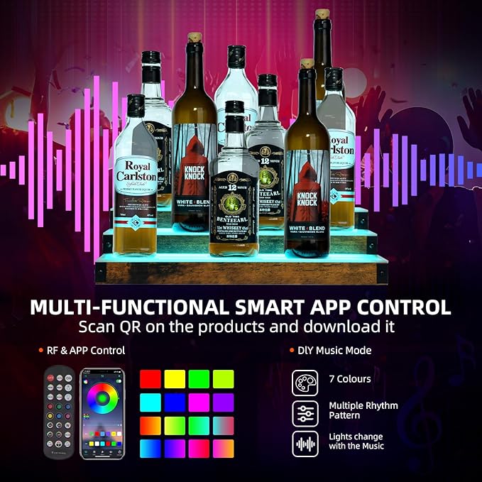 2 Pack 16 Inch LED Lighted Liquor Bottle Display Shelf, 3 Tier LED Bar Shelves, RGB Acrylic Bar Shelf with RF & App Control, 7 Colors, Music Sync& 1-4H Timming, Wine Rack Stand for Bar, KTV, Party