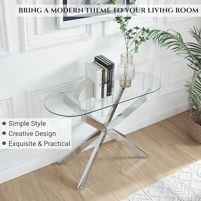 Modern Glass Oval Console Table, Entryway Hallway Narrow Sofa Table, Entrance for Entryway, Living Room, Foyer, Hallway, Office, 45" Lx18 Wx30 H Silver