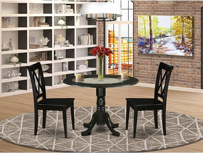 East West Furniture DLCL3-BLK-W 3 Piece Kitchen Table Set for Small Spaces Contains a Round Dining Room Table with Dropleaf and 2 Solid Wood Seat Chairs, 42x42 Inch, Black