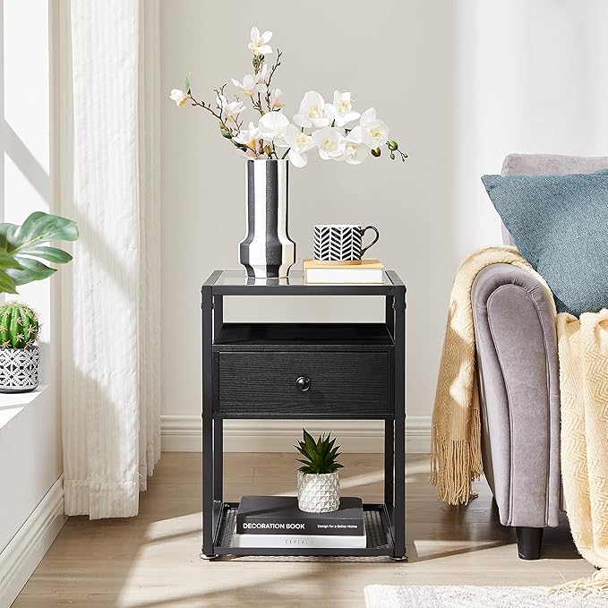 VECELO End Table, Modern Nightstand with Drawer, Night Stand Set of 2 for Bedroom Living Room,Tempered Glass