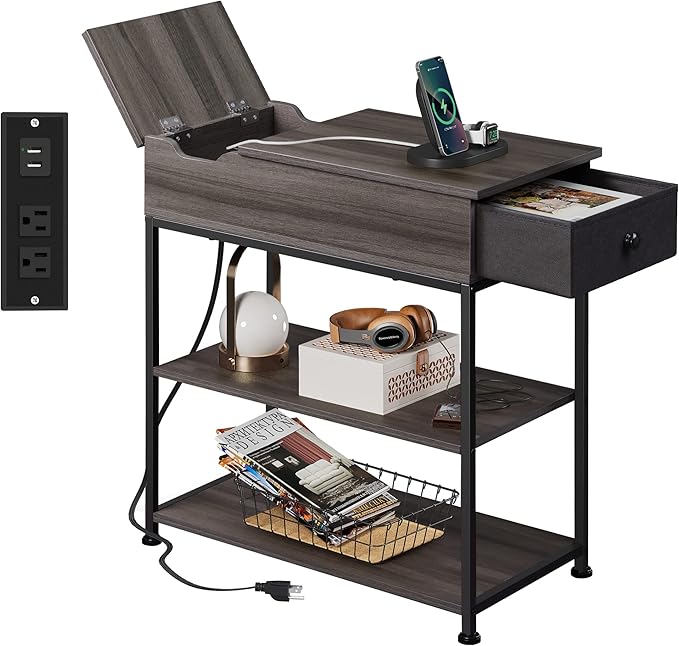 WLIVE Small Side Tables Living Room with Charging Station, Narrow End Table for Bedroom, Home Office, Small Spaces, Grey Couch Side Table with Storage, USB Ports and Outlets