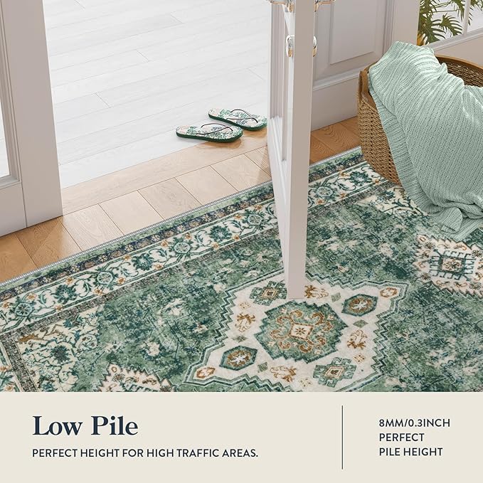 Lahome Oriental Washable Hallway Runner Rug, 2x6 Runners for Hallways Non Slip Ultra-Thin, Vintage Soft Long Carpet for Kitchen Bathroom Bedroom Laundry Room, Green/Multi