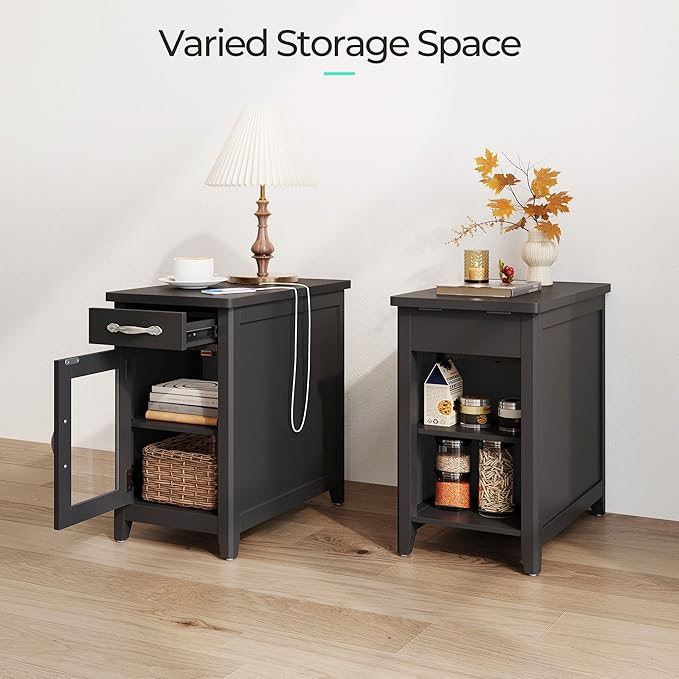LINSY HOME End Table with Charging Station, Side Table for Bedroom with Drawer and Detachable Holder, Storage Shelf with Glass Door, Extra Storage & Display Space, Small Nightstand for Living Room