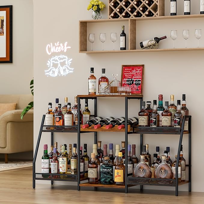 Liquor Cabinet with Fences, Wine Rack Freestanding Floor, 4 Tier Trapezoidal Bar Stand, Expanded Capacity Bar Cabinet for Liquor & Wine Storage
