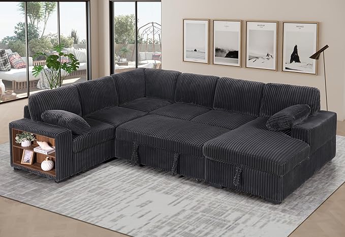 Eafurn Oversized U Shaped Convertible Sleeper Sectional Sofa w/Pull Out Couch Bed, 6 Seater Corduroy Upholstered Corner Lounge Sofa Couch Sleeper Sofabed w/Storage Chaise,Shelves