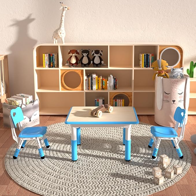 Kids Table and 2 Chairs Set，Height Adjustable Children Table & Chair，Toddlers Study Multi-Activity Table with 31.5"x23.6" Wipe-Clean Desktop，for Classrooms, Homes & Daycares