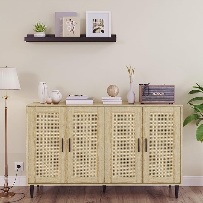 Buffet Sideboard,Kitchen Storage Cabinet with 4 Rattan Decorated Doors,Coffee Bar Cabinet with Adjustable Shelves for Living Room,Hallway,Natural