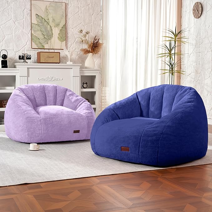 HABUTWAY Bean Bag Chair, Giant Bean Bag Chairs for Adults with Ottoman, Comfy Faux Fur Shell-Shaped Bean Bag Couch, Sofa Chair for Living Room, Bedroom, Navy Blue