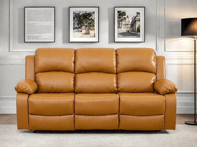 Leather Recliner Sofa Couch, 3-Seater Home Theater Seating Reclining Sofa, Power Reclining Couch with Cup Holders & Drop Down Table for Living Room Furniture Sets, Orange