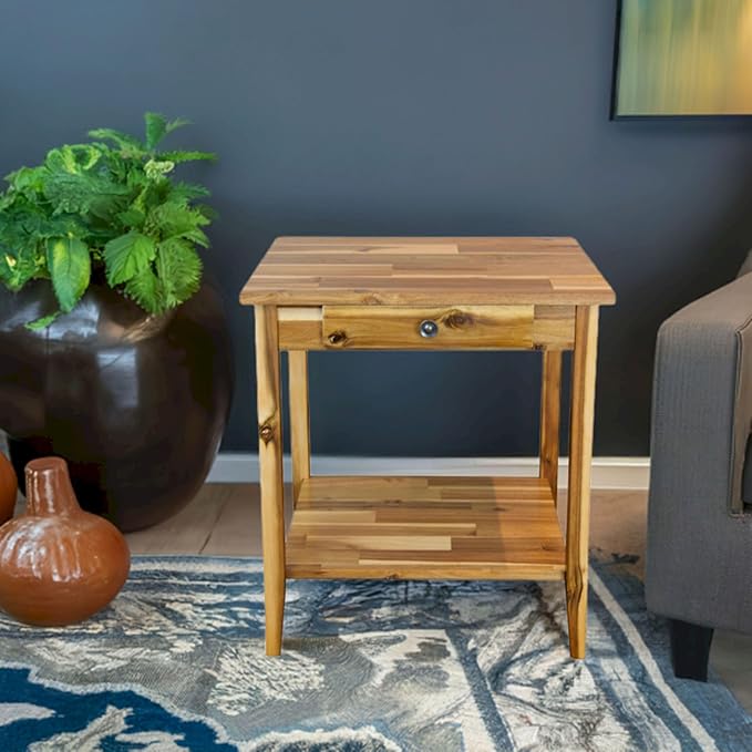 2-Tier Solid Acacia End Table w/Drawer