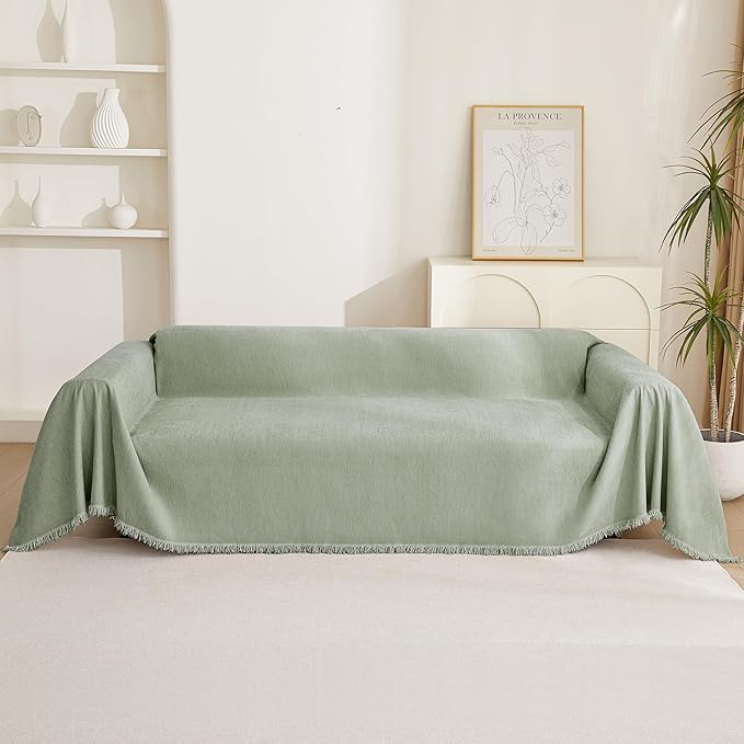 MYSKY HOME Easy Fitted Couch Cover for Dogs - Stain Resistant Sage Sofa Cover for 2 Cushion Loveseat - Multi-Use Sectional Universal Tassel Throw 91"X 118"