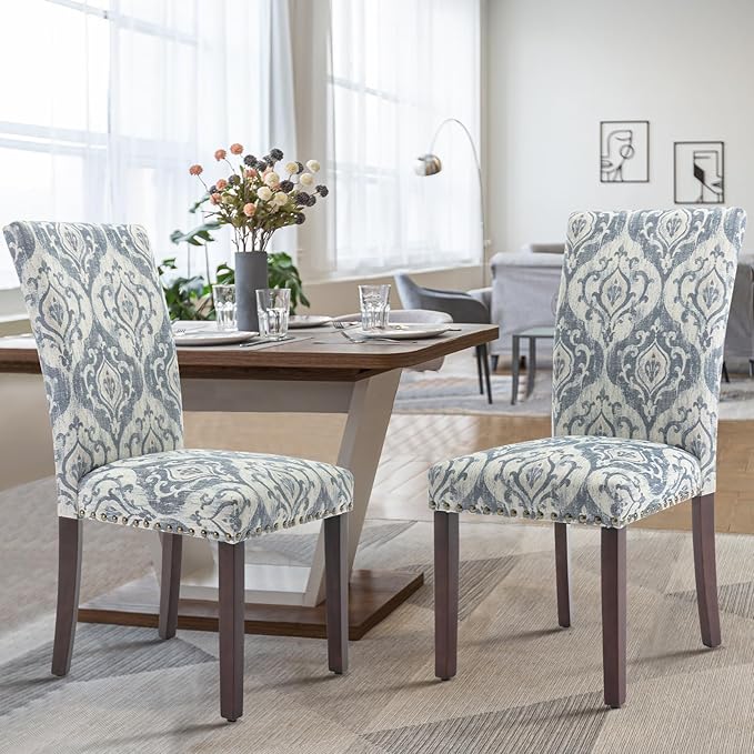 COLAMY Upholstered Parsons Dining Chairs Set of 6, Fabric Dining Room Kitchen Side Chair with Nailhead Trim and Wood Legs - Blue/White Flower
