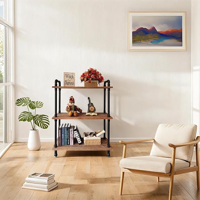 Industrial Bookshelf, 3 Tier Pipe Shelving, Industrial Pipe Shelf - Weathered Brown, 29.5" L x 11.8" W x 39" H