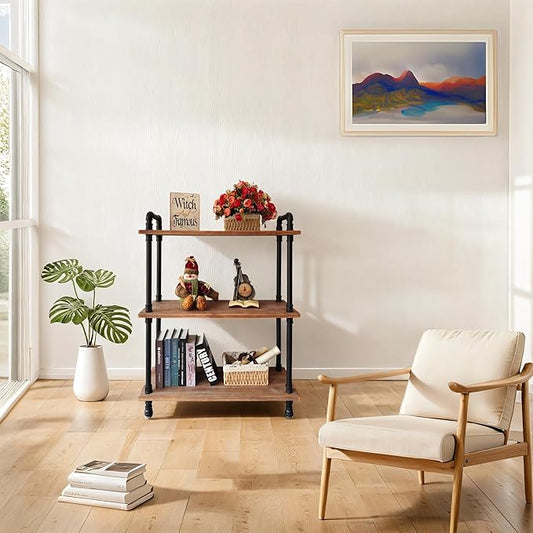 Industrial Bookshelf, 3 Tier Pipe Shelving, Industrial Pipe Shelf - Weathered Brown, 29.5" L x 11.8" W x 39" H