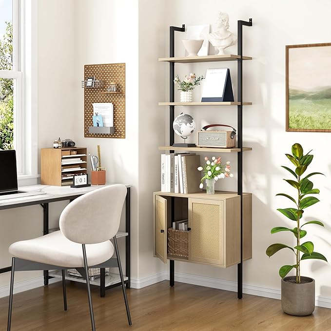 Yusong 73" Tall Bookshelf with Cabinet, Industrial Ladder Wall Mount Shelf Rattan Bookcase with Wood and Metal Frame, Plant Shelf Wall Storage Display for Living Room Bedroom,Light Ivory Brown