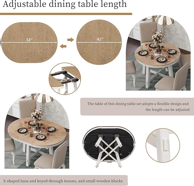 Farmhouse Round Dining Table for 4, Extendable Circle to Oval Wooden Tabletop for 6 with 16" Removable Leaf, X-Shape Trestle Base for Home, Kitchen, Dining/Living Room, Apartment