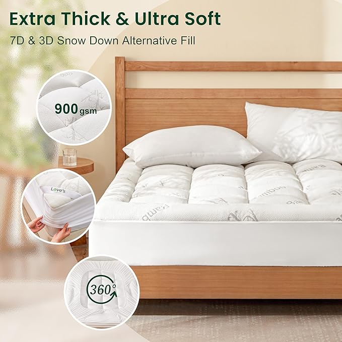 Love's cabin Twin XL Mattress Topper, Rayon Derived from Bamboo, 900 GSM Mattress Topper Pad College Dorm Size, Thick Pillow Top Mattress Pad for with 8"-20" Deep Pocket(39"x80")