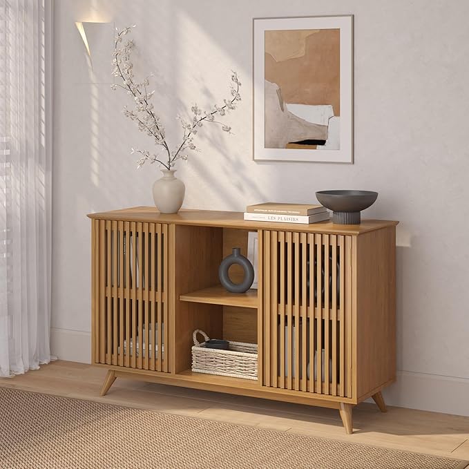Plank+Beam Mid-Century Modern Wood TV Stand, Solid Wood Entertainment Console with Storage, 49" L x 16" W x 30" H, Pecan