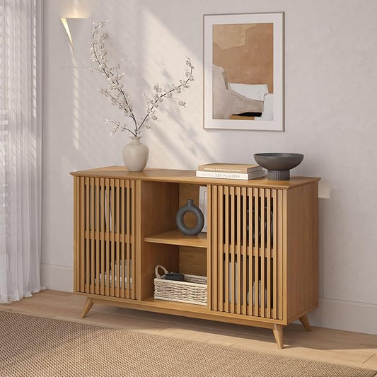 Plank+Beam Mid-Century Modern Wood TV Stand, Solid Wood Entertainment Console with Storage, 49" L x 16" W x 30" H, Pecan