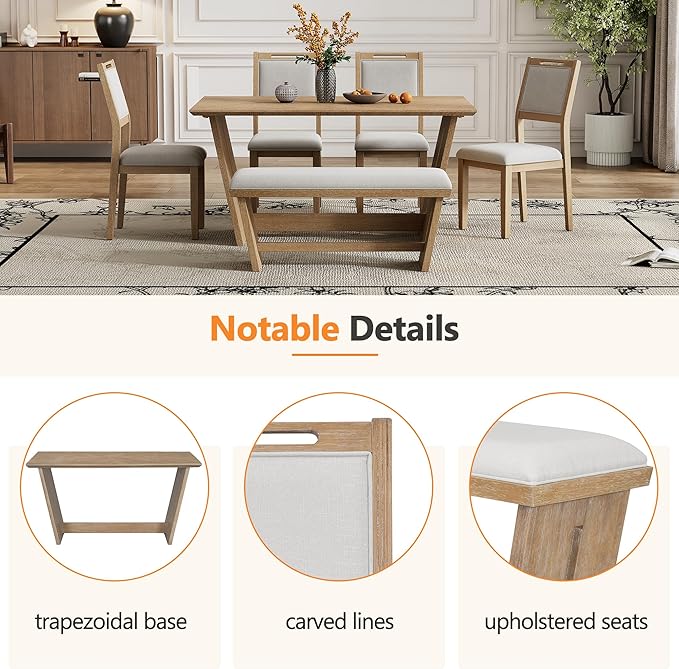 Ball & Cast 6-Piece Dining Table Set for 6 People, 60" Wood Dining Kitchen Table & Chairs Set, Rectangular Dining Room Table with Trapezoidal Base,4 Upholstered Chairs & 1 Bench, Kitchen, Espresso