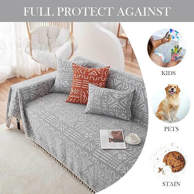 HANDONTIME Bohemian Grey and White Couch Cover for Dogs Aztec Tribal Sofa Covers 3 Cushion Aesthetic Tassel Slipcover Seat Universal Loverseat Futon Cover, 71/'' X118/'', Tassel 2:grey/White
