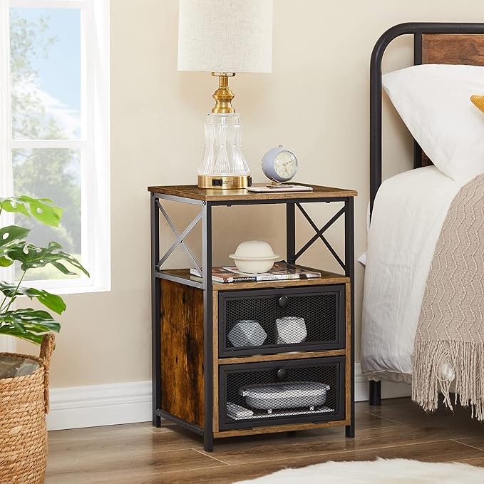 VECELO Modern Night Stand, End Side Table with Storage Space and Door, Nightstands with Flip Drawers for Living Room,Bedroom,Lounge,Set of 2, Brown