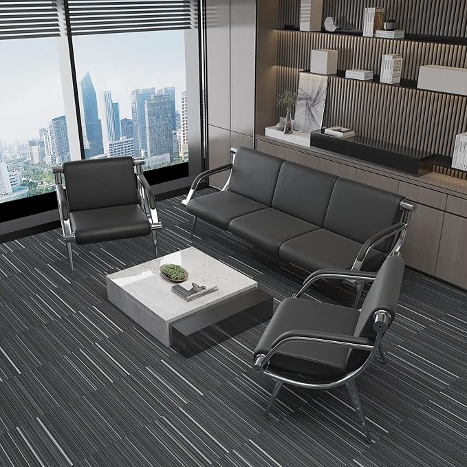 wonline 2Pcs Waiting Room Chair with Armrest Black PU Leather Office Furniture, Office Guest Seating Lobby Conference Reception Chairs for Airport Clinic Hospital Bank Salon Barber(Black)