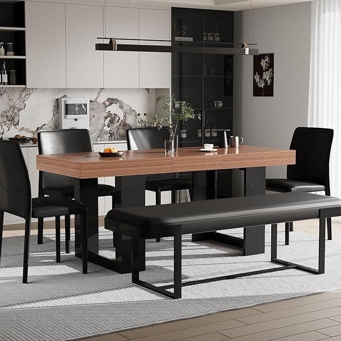 63"-78.74" Rectangular Extendable Dining Table for 6-10 People – Modern Farmhouse Wooden Kitchen Table with Brown Finish, Large Extendable Table for Dining Room or Conference Use