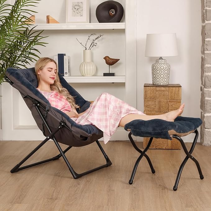 Comfy Saucer Chair for Adults, Soft Faux Fur Bedroom Chair with Ottoman, Accent Dorm Chairs, Living Room Reading Chairs and Footstool, Folding Lounge Seat for Teens, X-Large, Navy Blue