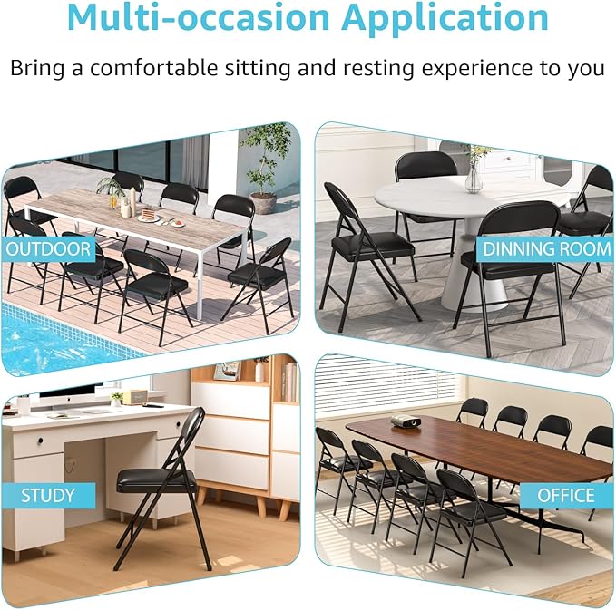 4 Pack Folding Chairs with Padded Cushion & Back, Padded Folding Chairs for Home, Office, Indoor, Outdoor Events (Black, 4 Pack)