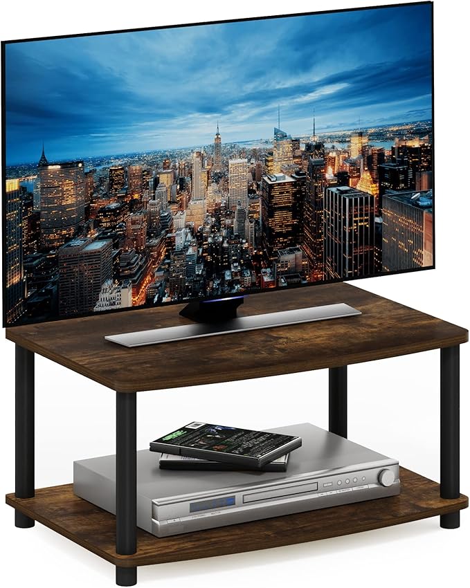 Furinno Turn-N-Tube 2-Tier TV Riser, Small Elevated No Tools TV Stand for TV up to 32 inch, 15.8" x 23.8" x 11", Amber Pine/Black