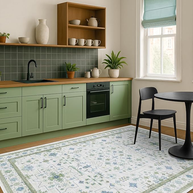 Cream Oushak 6x9 Bedroom Rug - Boho Floral Cool Blue and Green, Washable Low Pile Non-Slip Ultra-Thin Large Area Rugs for Bed Room, Living Room, Playroom