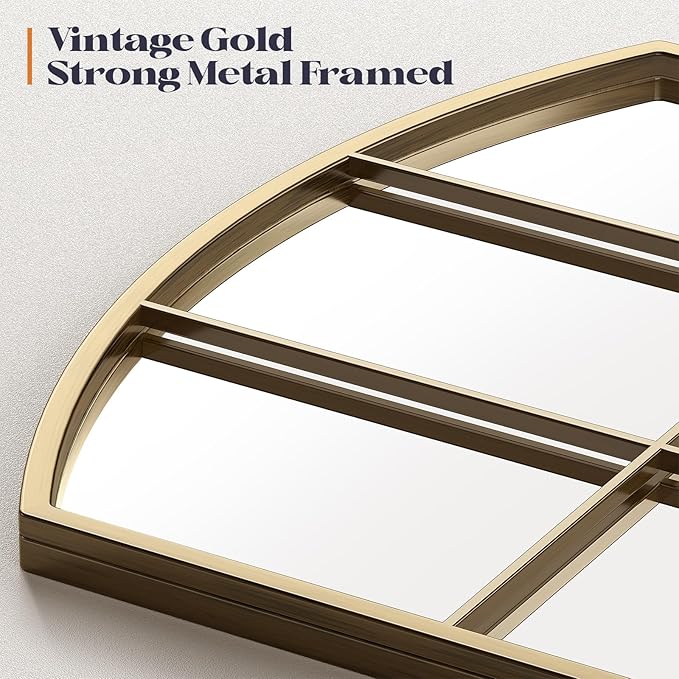 Window Pane Gold Mirror, 28" x 28" Farmhouse Arched Wall Mirror, Brass Rustic Arch Mirrors Large Grid Mirror for Living Room Bedroom Farmhouse Fireplace Hallway Entryway